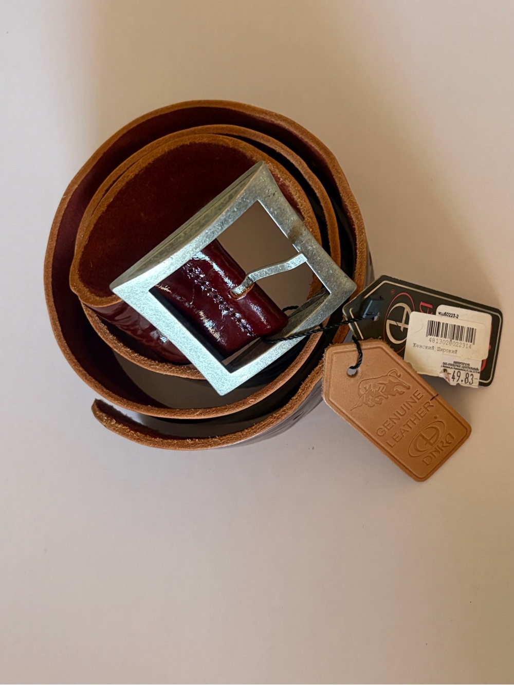 Genuine Leather Women's Belt - Burgundy Patent Finish - Picture 3 of 3